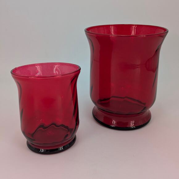 Ruby Red Hurricane Glass Vase Candle Holder Set Flare Top Holiday Decor Pair - Picture 1 of 9